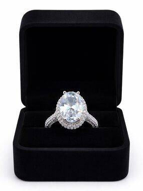 Oval Cut Halo Crystal Pave Band White Gold Tone Luxury Wedding Engagement Ring